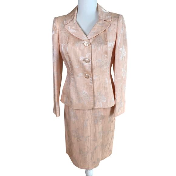 NEW Kasper 4P 2-Piece Skirt Suit w/ Blazer Jacket Peach Floral Brocade Formal - Picture 1 of 12